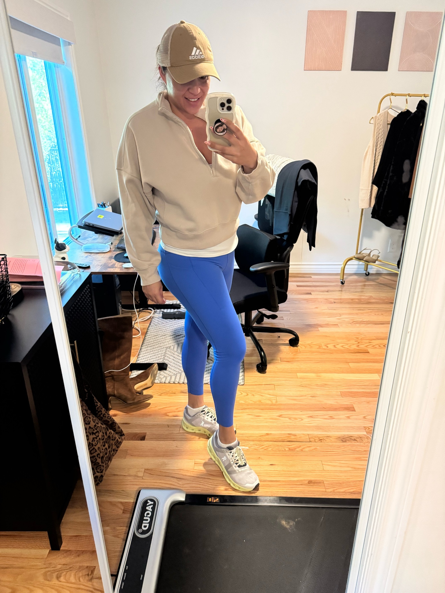 Morning walk out, casual outfit, leggings, quarter zip sweater, spring, running shoes 

#LTKActive #LTKFitness