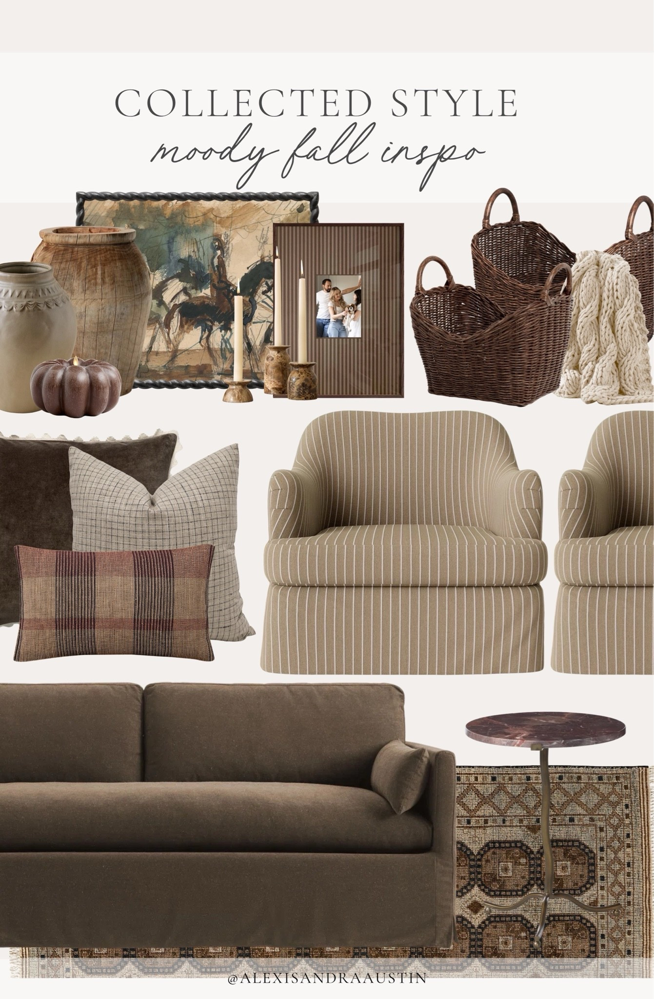 Collected, moody style fall roundup! From cozy textures to seasanal touches, find all of my favorites details for a timeless and inspired fall look.

Home finds, neutral home inspo, collected style, timeless home inspo, cozy woven basket, cream throw blanket, striped upholstered chair, marble side table, vintage style area rug, neutral vase, accent chair, cozy throw pillow, fall accents, living room refresh, fall refresh, Magnolia, Pottery Barn style, Wayfair, Target style, Hackner Home, Etsy, CB2, Lumens, shop the look!

#LTKSeasonal #LTKHome