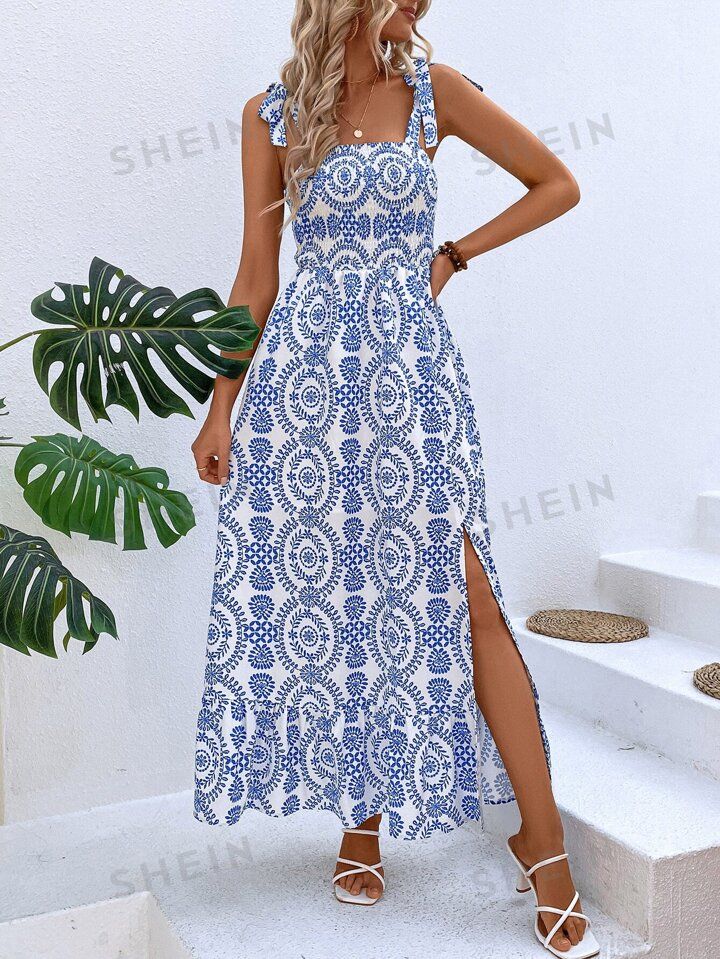 SHEIN VCAY Allover Print Knot Shoulder Shirred Split Thigh Cami Dress Without Belt | SHEIN