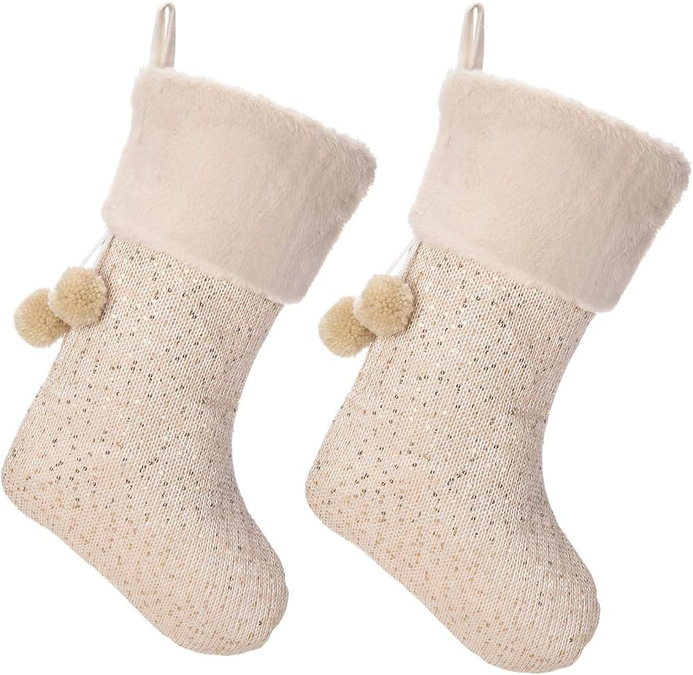 iPEGTOP 18" Luxury Wool Christmas Stocking, Champagne Gold Wool Knit with Shiny Sequin Faux Fur C... | Amazon (US)