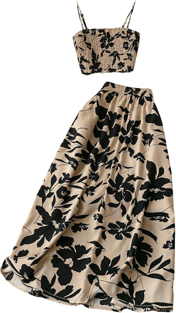 WDIRARA Women's Floral 2 Piece Vacation Outfits Smocked Camisole Flared Maxi Skirt Set | Amazon (US)