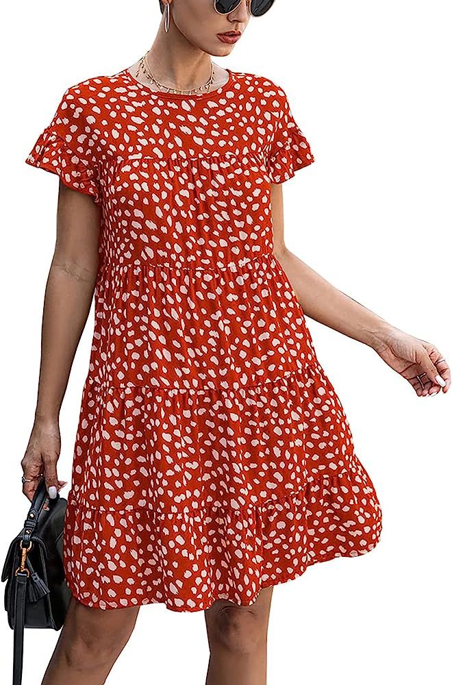KIRUNDO Women's 2024 Summer Casual Dress Ruffle Short Sleeves Floral Print Round Neck Loose Pleat... | Amazon (US)