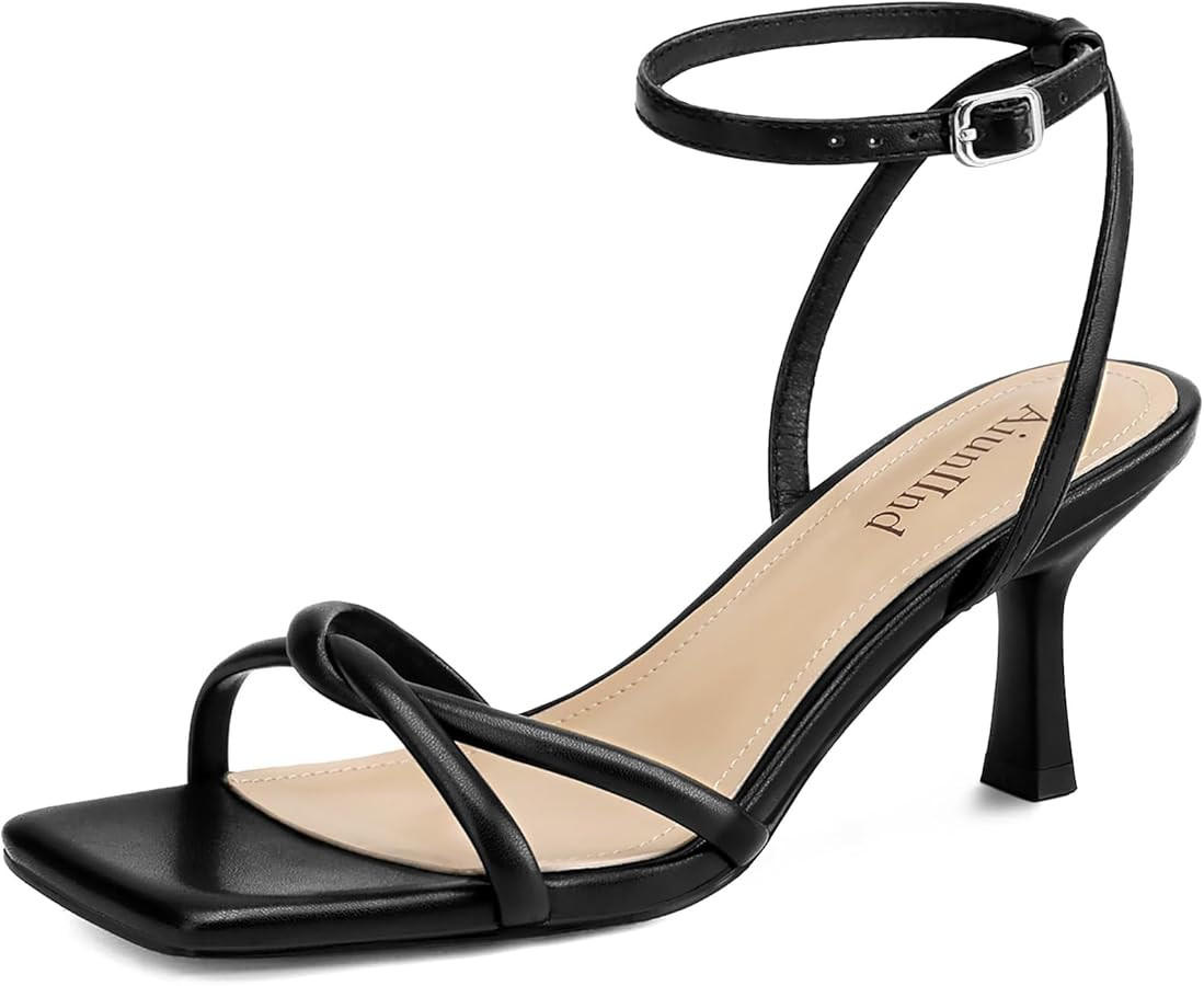 Women's Sandals Square Open Toe Kitten Heels Strappy Ankle Strap Sandals for Women Comfort Dress ... | Amazon (US)