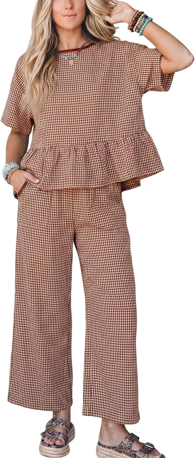 Womens Gingham 2 Piece Outfits Lounge Plaid Peplum Tops Wide Leg Pants Set | Amazon (US)