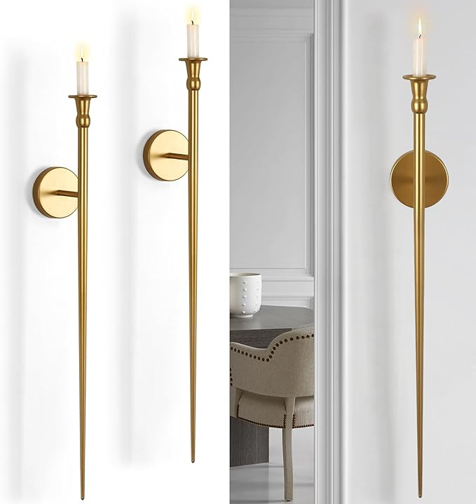 Gold Candle Sconces Set of 2, Retro Long Metal Candle Holders for Wall, Elegant Wall Decor for Li... | Amazon (US)