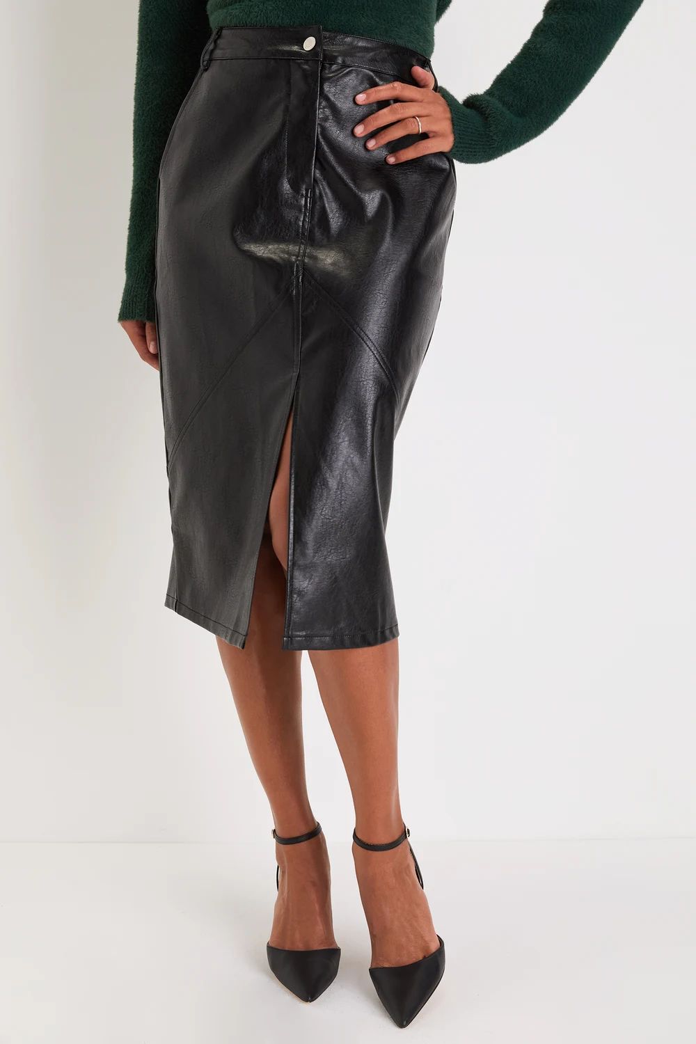 Sleek Upgrade Black Vegan Leather High-Rise Midi Skirt | Lulus (US)