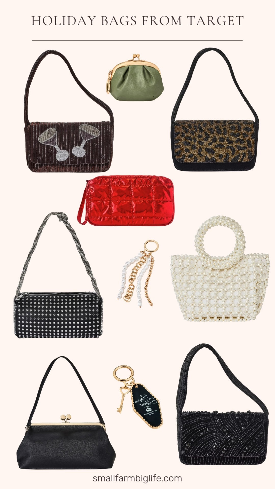Holiday Bags From Target ✨🎁
Festive finds you’ll love! From a green coin purse, sparkly bag charms, beaded and pearl bags, plus chic shoulder styles. The black satin and rhinestone bags and the cute red wrist bag are perfect for every holiday event! 

 #LTKHoliday #LTKSaleAlert #LTKFindsUnder50