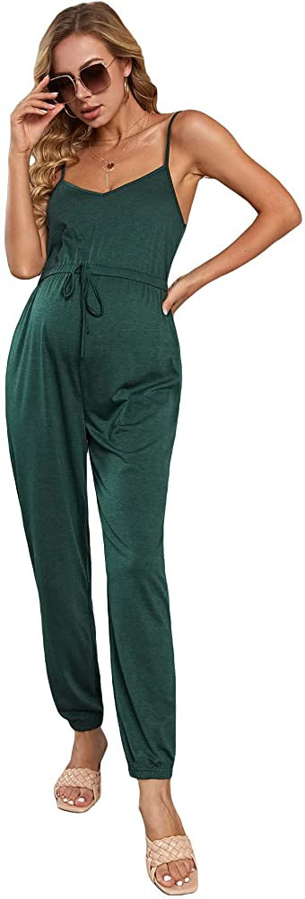 OYOANGLE Women's Maternity V Neck Adjustable Spaghetti Straps Sleeveless Knot Wide Leg Long Pants... | Amazon (US)
