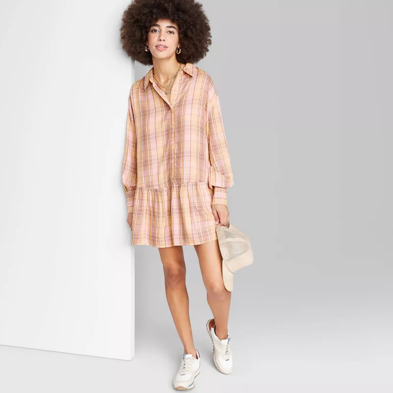 Women's Ascot + Hart Long Sleeve Graphic Peplum Plaid Dress - Yellow | Target