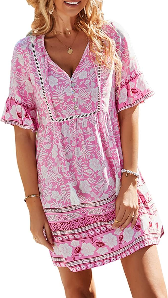 Women's Boho Print Dress Bohemian Vintage Floral Printed Dresses Ethnic Style Beach Dress Long Sl... | Amazon (US)
