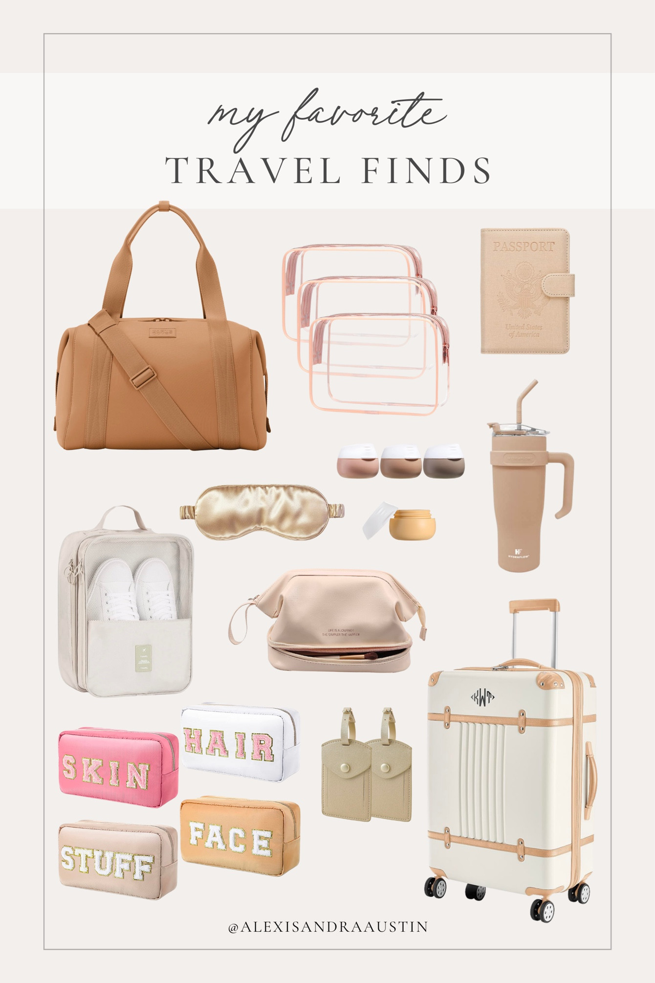 My recent favorite travel finds!

Aesthetic travel, travel style, organization finds, duffel bag, passport finds, toiletry bag, luggage finds, shoe bag, airplane essentials, travel tip, aesthetic organization, neutral finds, sleeping mask, travel cup, key tag, Amazon, Dagne Dover, travel in style, shop the look!

#LTKtravel #LTKFind #LTKstyletip