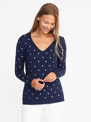 Semi-Fitted Metallic-Dot V-Neck Sweater for Women | Old Navy US