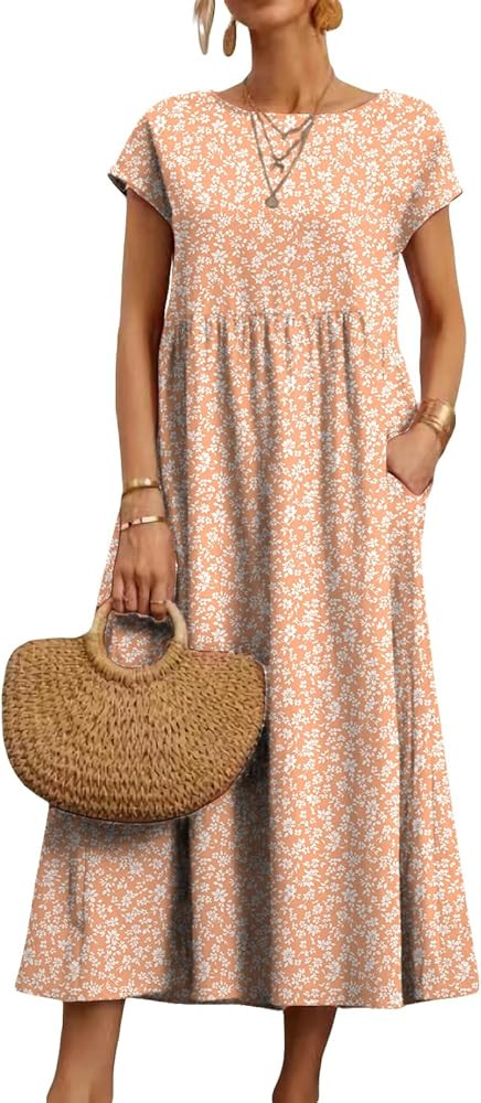 HOTYD Boho Floral Midi Dresses for Women Casual Short Sleeve Vintage T Shirt Dress Loose Flowy Su... | Amazon (US)