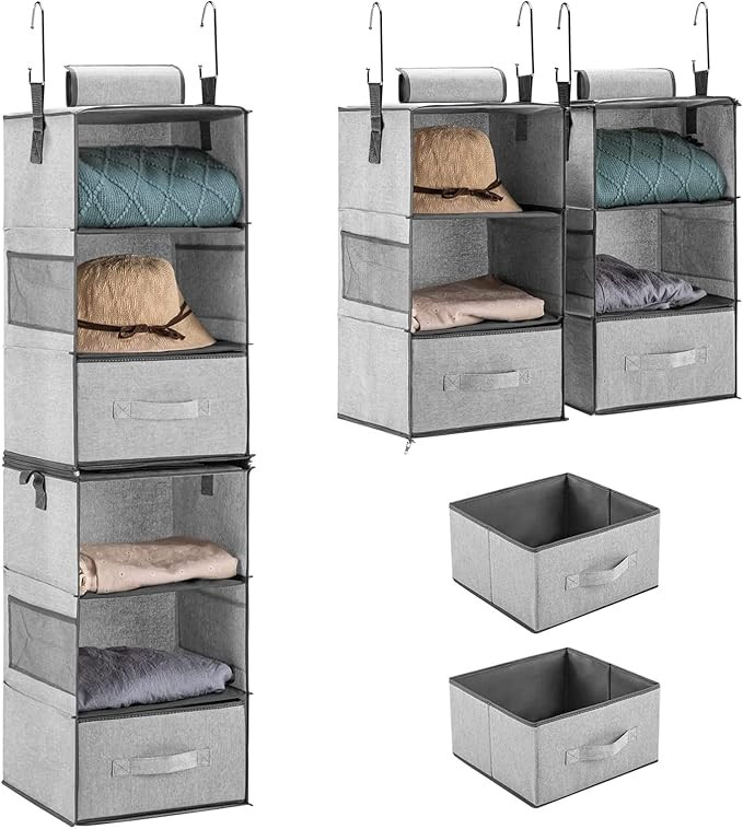 Hanging Closet Organizers with Drawers, Two 3-Shelf Separable Closet Hanging Shelves for Dorm, RV... | Amazon (US)