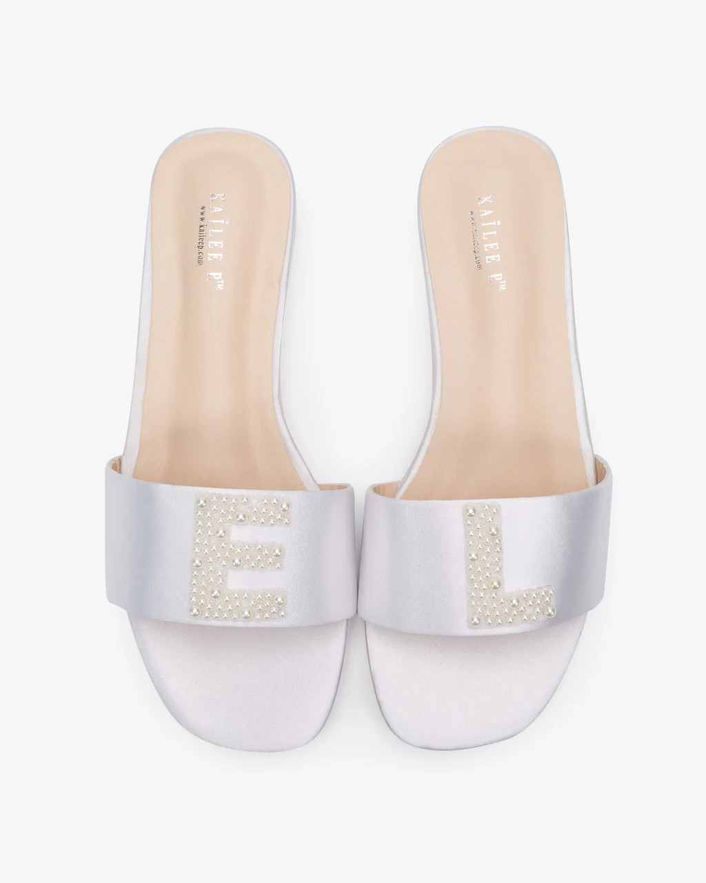 Personalized Satin Slip On Flat Wedding Sandals with All Pearls Letter | Kailee P.