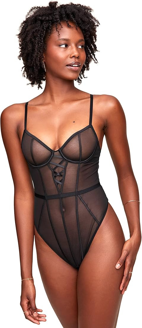 Adore Me | Sexy Lingerie For Women | Lucia Unlined Luxe Satin Details Bodysuit | High-Leg Silhoue... | Amazon (US)