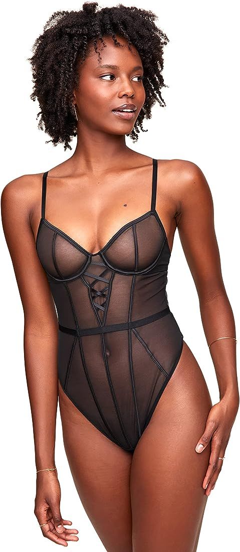 Adore Me | Sexy Lingerie For Women | Lucia Unlined Luxe Satin Details Bodysuit | High-Leg Silhoue... | Amazon (US)