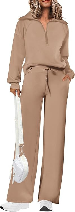 PRETTYGARDEN Women's 2 Piece Outfits Casual Lapel Half Zip Sweatshirts and Wide Leg Pants Tracksu... | Amazon (US)