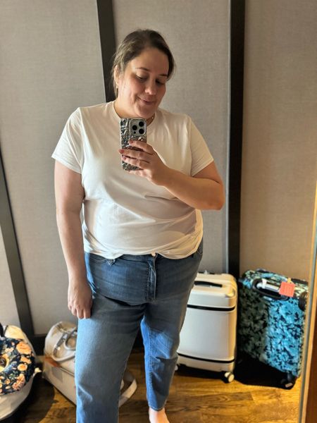 One of the best white tee shirts. It's comfortable. The shoulders hit in the right place. The sleeves are short. It comes in cropped or regular length. I sized up for a looser fit. But also sized up in the cropped version too. Both are great. I need them in all the colors  

#LTKmidsize #LTKplussize #LTKworkwear