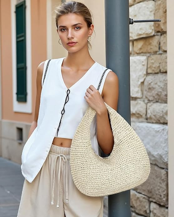 Herald Handmade Crescent Straw Bag for Women, Summer Beach Hobo Raffia Woven Underarm Shoulder Ha... | Amazon (US)