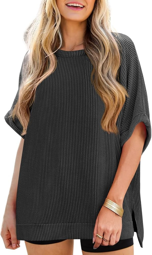 Tankaneo Womens Oversized T Shirts Summer Casual Ribbed Batwing Short Sleeve Tunic Tops Loose Fit... | Amazon (US)