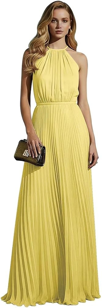 RYANTH Chiffon Long Bridesmaid Dresses for Women Halter Pleated Wedding Guest Dress A Line Formal... | Amazon (US)
