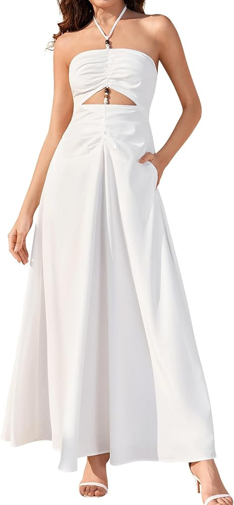 HTZMO Women Floral Maxi Sundress Beads Boho Summer Halter Tie Cut Out Beach Vacation Casual Long Dresses with Pockets | Amazon (US)