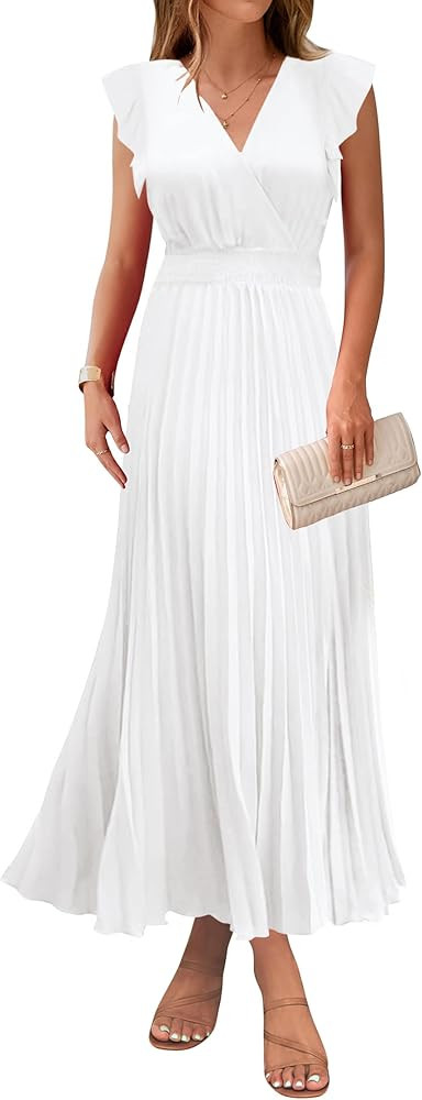 KIRUNDO Women's Summer Maxi Dresses Elegant V Neck Ruffle Flutter Sleeves Empire Waist Pleated Fl... | Amazon (US)