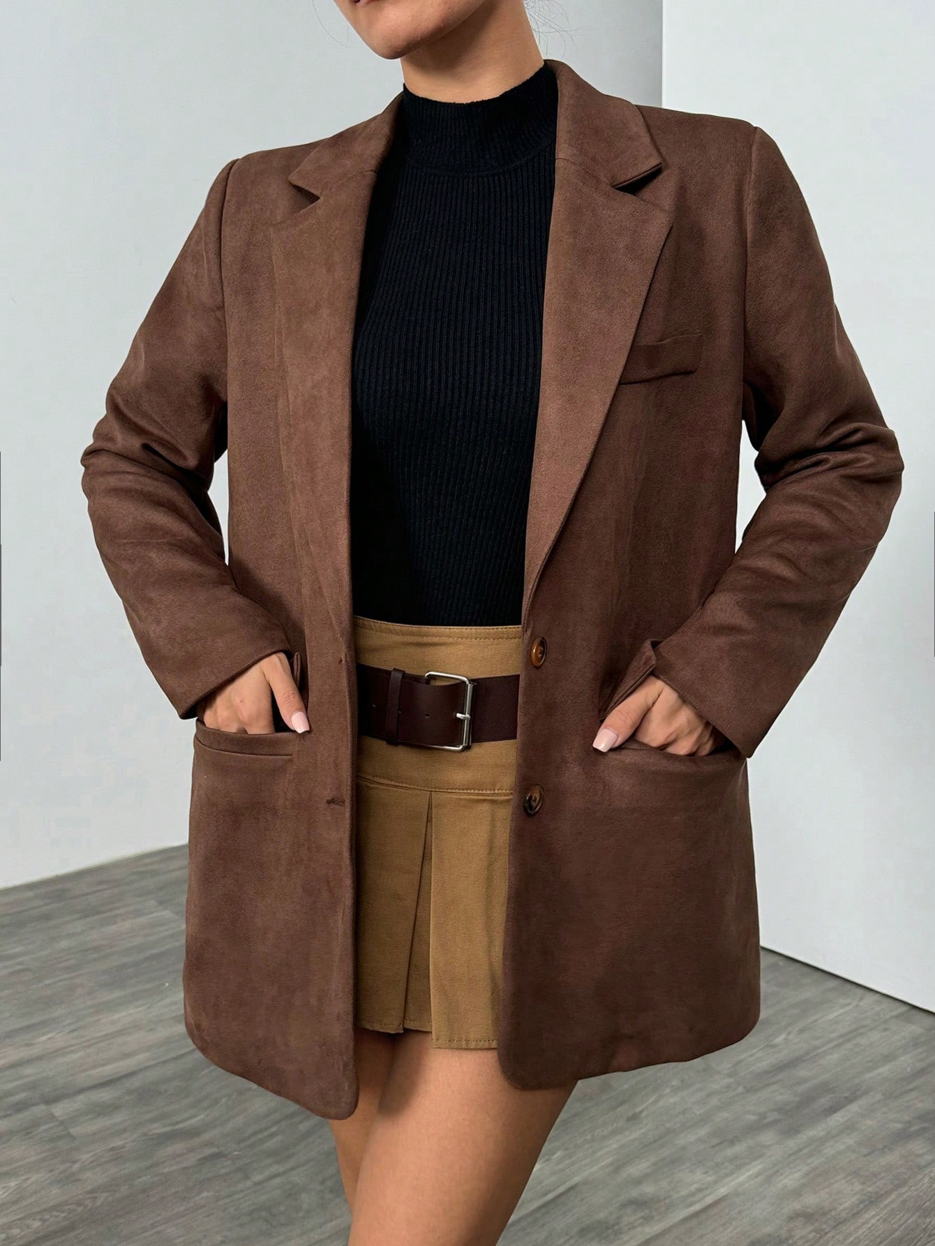 SHEIN EZwear SHEIN EZwear Autumn And Winter Buckskin Velvet Brown Woven Women's Lapel Long-Sleeve... | SHEIN