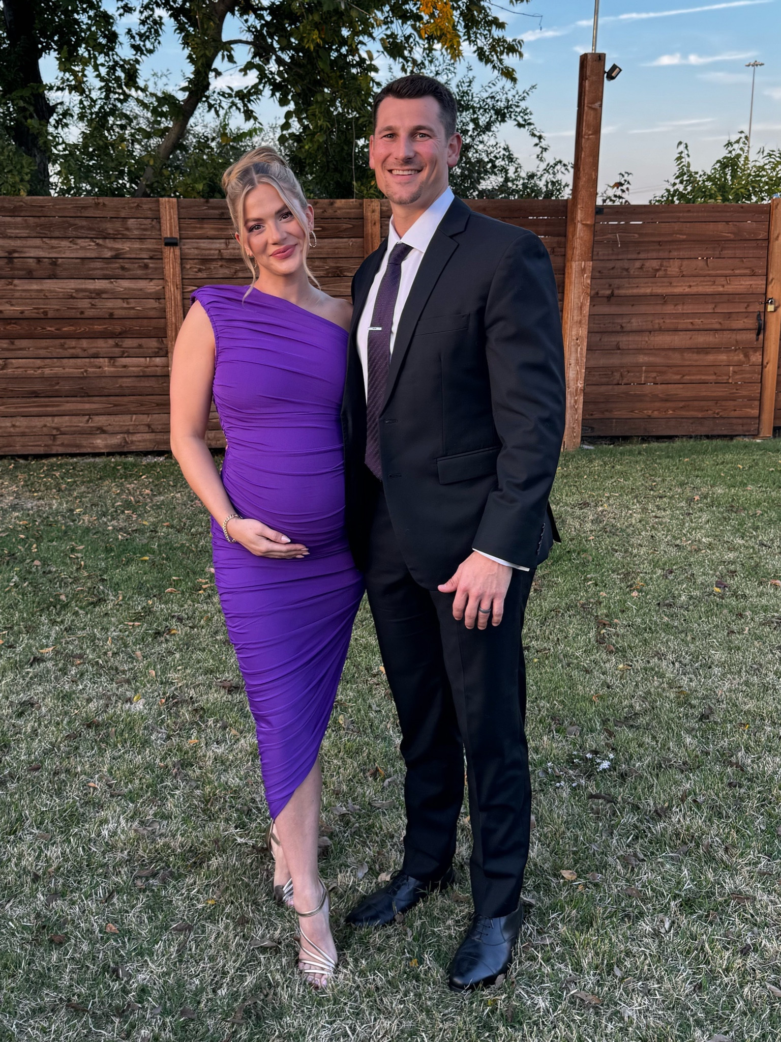 Perfectly purple Elliatt dress great for LSU, TCU, or any purple lover. Wearing a small but would be more comfortable in the third trimester in a medium because it’s not a maternity dress but is super stretchy allowing it to be bump friendly. Paired with gold strap oh heels and gold oval hoops and gold bracelets 30% off now 

#LTKshoecrush #LTKbump #LTKwedding