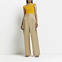 Beige cinched wide leg pleated trousers | River Island (UK & IE)