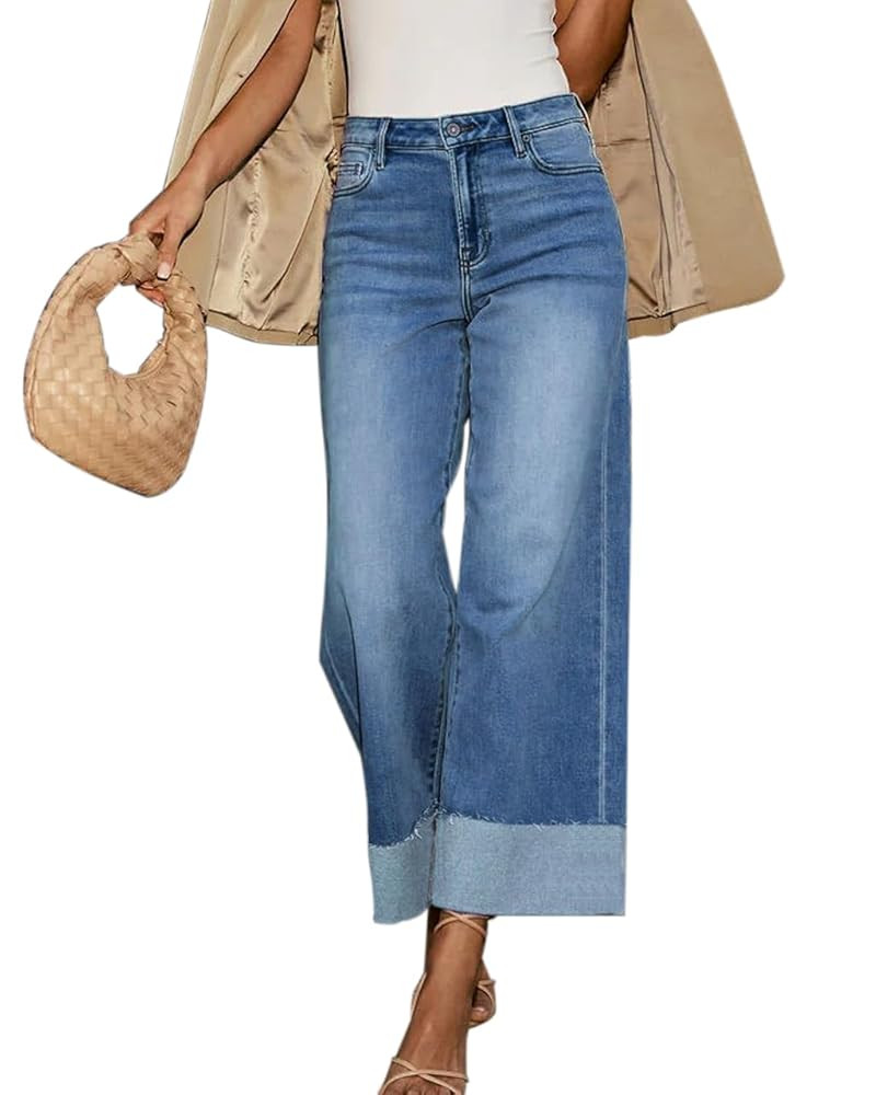 Women's High Waisted Wide Leg Jeans Stretch Frayed Raw Hem Straight Leg Boyfriend Cuffed Jeans Tr... | Amazon (US)