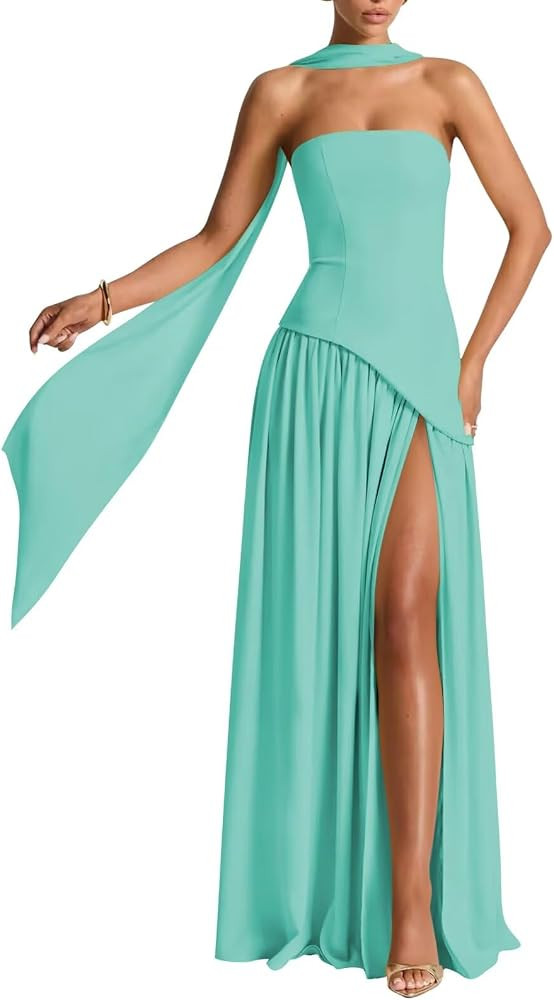 Bolodoo Strapless Bridesmaid Dress with Scarf Chiffon Long Corset Prom Dresses Evening Dress | Amazon (US)