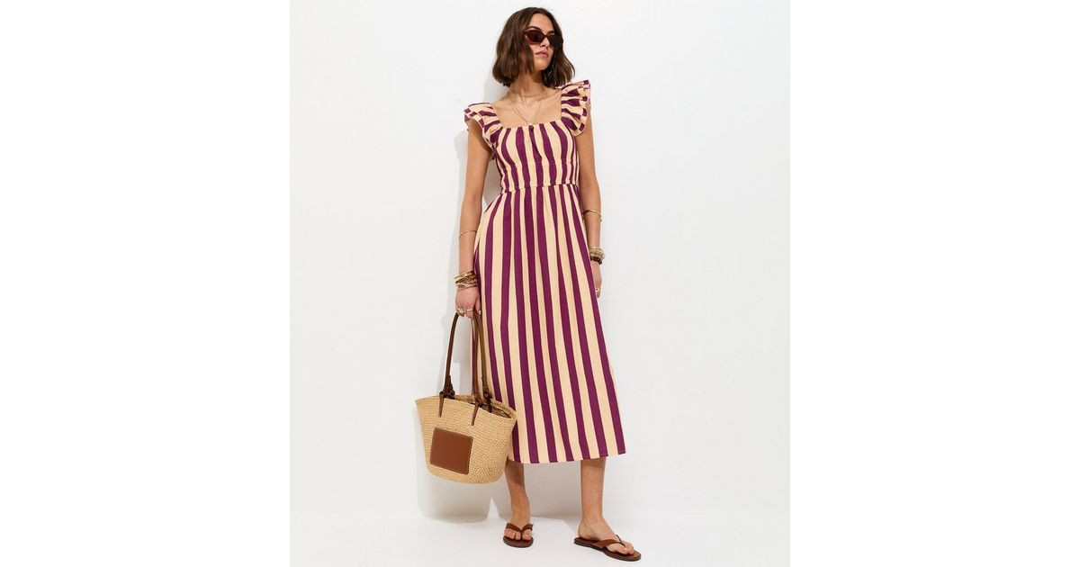 Pink Striped Shirred Frill Trim Midi Dress | New Look | New Look (UK)