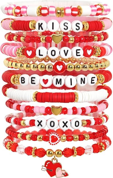 Valentine Bracelets Gift for Women, 11PCS Handmade Clay Bead Letter Bracelets, Love Heart Stretch... | Amazon (US)