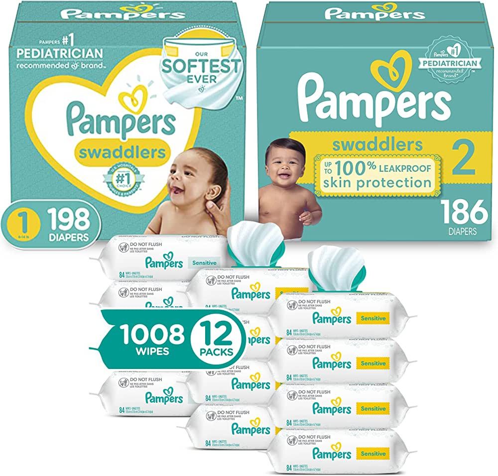 Pampers Baby Diapers and Wipes Starter Kit, Swaddlers Disposable Baby Diapers Sizes 1 (198 Count)... | Amazon (US)
