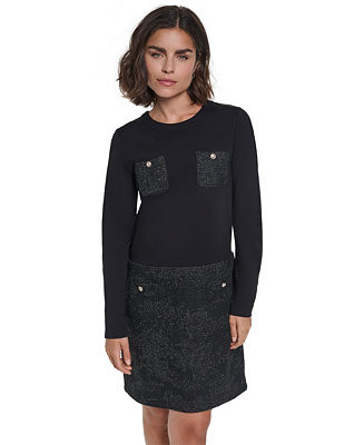 Women's Tweed Long-Sleeve Crewneck Sweater Dress | Macy's