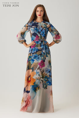 Chiffon Floral Print Maxi Gown | TERI JON