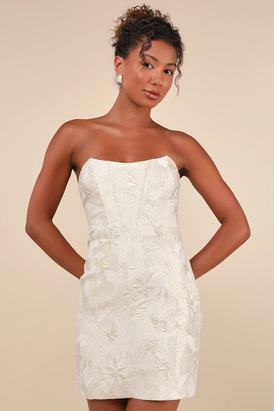 Enchanting Bombshell Cream Floral Jacquard Strapless Mini Dress | Lulus