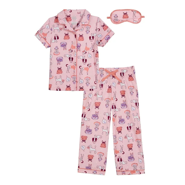 Wonder Nation Girls Button Front Short Sleeve Top & Pant Pajama Set with an Eyemask, 3-Piece, Siz... | Walmart (US)
