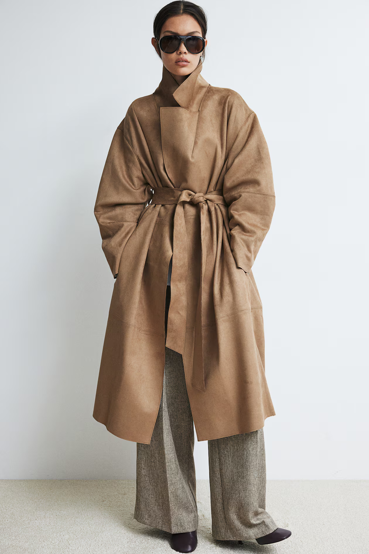 Napped Tie-Belt Coat - Long sleeve - Long - Beige - Ladies | H&M US | H&M (US + CA)