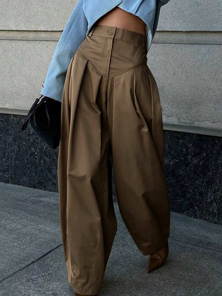 Women's Casual High Waist Zipper Front Carrot Pants, Suitable For Commuting In Autumn | SHEIN