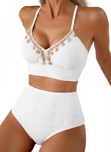 Herseas Women's Seashell Textured Bikini Sets Stitching Ribbon Shell Decoration Swimsuits High Waisted Bathing Suits White | Amazon (US)