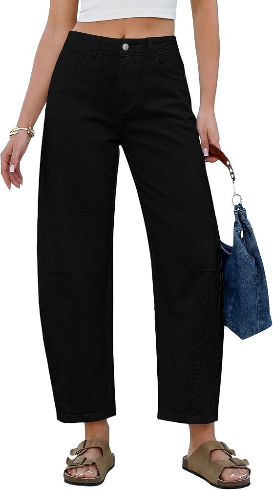 GRAPENT Barrel Jeans for Women Cropped Trendy High Waisted Baggy Side Seamed Casual Stretchy Deni... | Amazon (US)