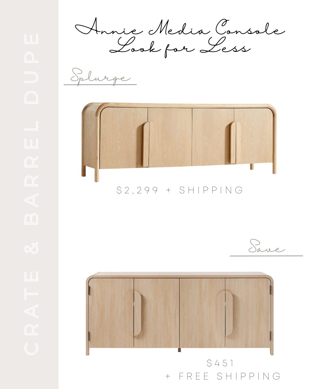 Crate & Barrel Annie Media Console Dupe!

Crate & Barrel Annie 72” Natural Storage Media Console by Leanne Ford Dupe, Crate & Barrel Inspired, White Oak Media Console, White Oak Storage Console, Crate & Barrel Look for Less, Crate & Barrel Look Alike, Crate & Barrel Aesthetic, Crate & Barrel Media Console, Contemporary Design, Media Console Living Room, Media Console Ideas, Media Console Styling, Rounded Corner Media Console, Curved Edge Media Console, Luxury Look for Less Furniture 

#LTKHome #LTKSaleAlert