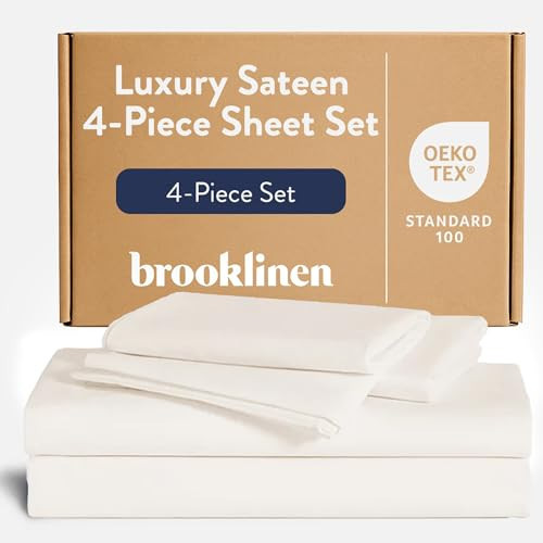 Brooklinen Luxury Sateen 4 Piece Sheet Set - 100% Cotton Bed Sheets, Soft & Durable California King Size Sheets Set in Cream, Oeko-TEX Certified Bedding Set,1 Fitted Sheet,1 Flat Sheet,2 Pillowcases | Amazon (US)