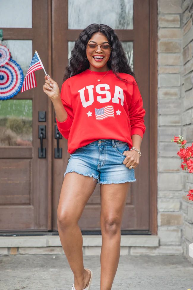 USA Flag Red Oversized Graphic Sweatshirt | Pink Lily