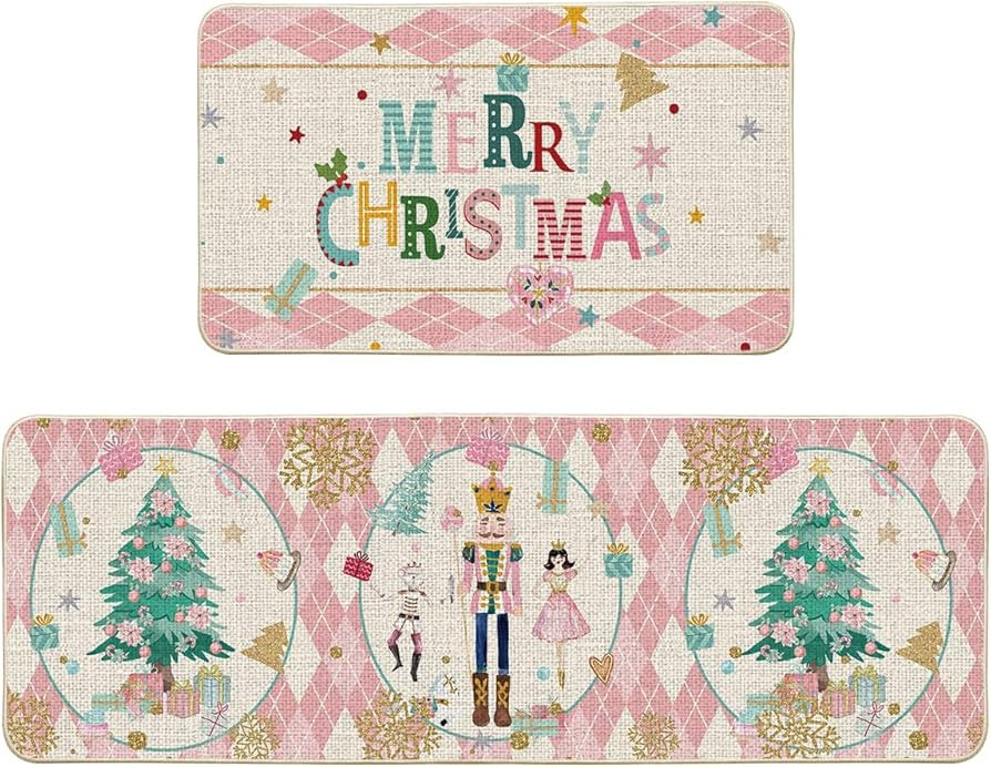 Artoid Mode Diamond Plaid Nutcracker Merry Christmas Kitchen Mats Set of 2, Winter Decor Low-Prof... | Amazon (US)