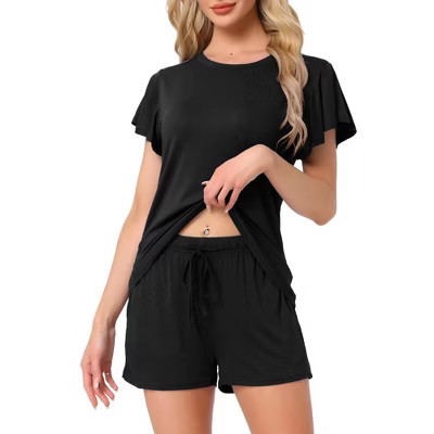 INSPIRE CHIC Women's Flounce Short Sleeve Top and Shorts with Pockets Pajama Set Black Large | Target