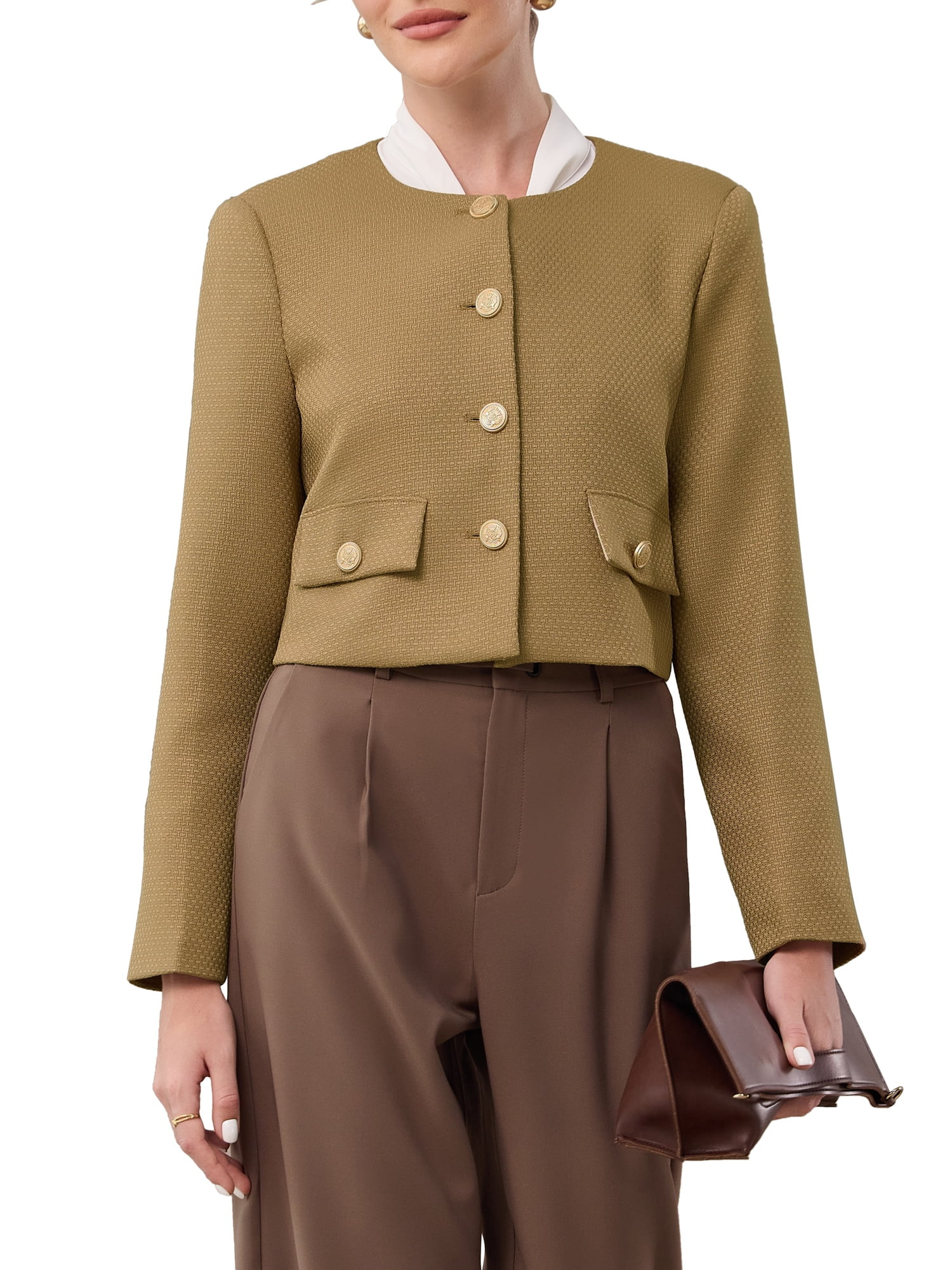 INSPIRE CHIC Women's Tweed Short Jacket Collarless Button Down Long Sleeve Work Office Cropped Bl... | Walmart (US)